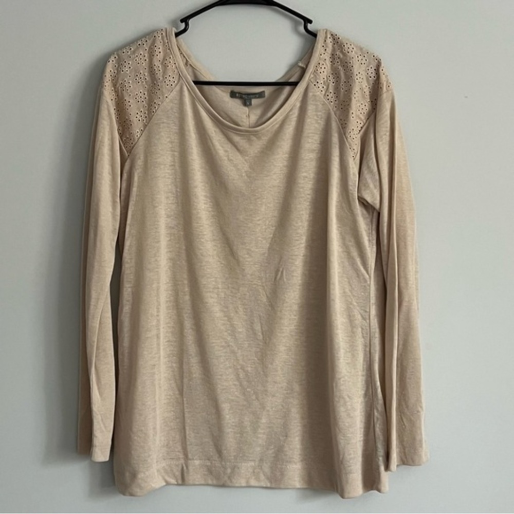 Retrology Beige Eyelet Detail Minimalist Long Sleeve Blouse